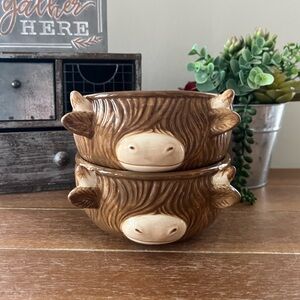 2 New Boho Farmhouse Highland Cow Ceramic Bowls